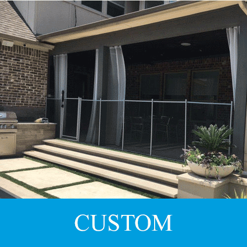 Custom greyblack removable mesh fence installed across a patio in Dallas